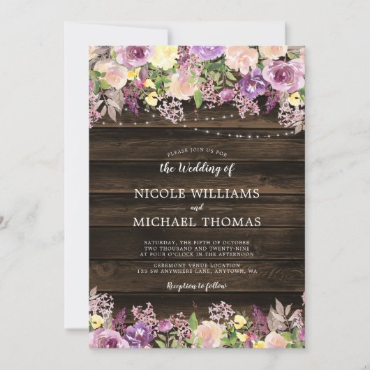 Rustikale Lila Blumenstrauß Hochzeit Einladung (Vorderseite)
