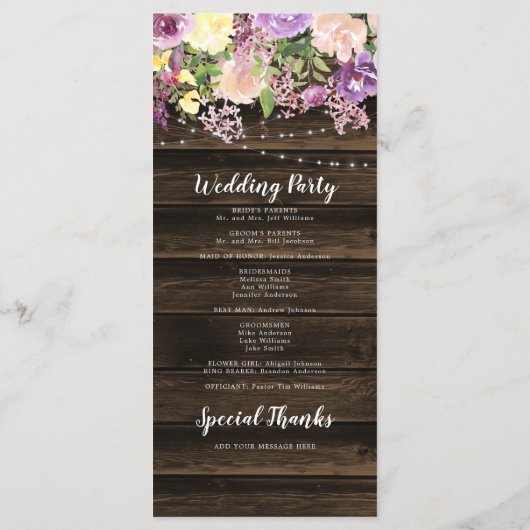 Rustikale Lila Blumenstrauß Hochzeit Programm (Rückseite)