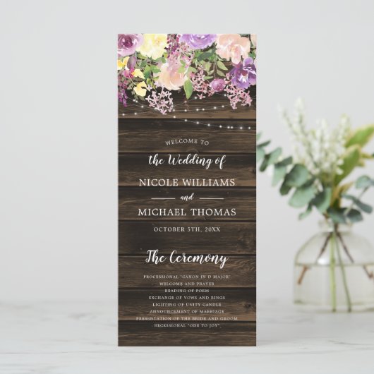 Rustikale Lila Blumenstrauß Hochzeit Programm (Stehend Vorderseite)