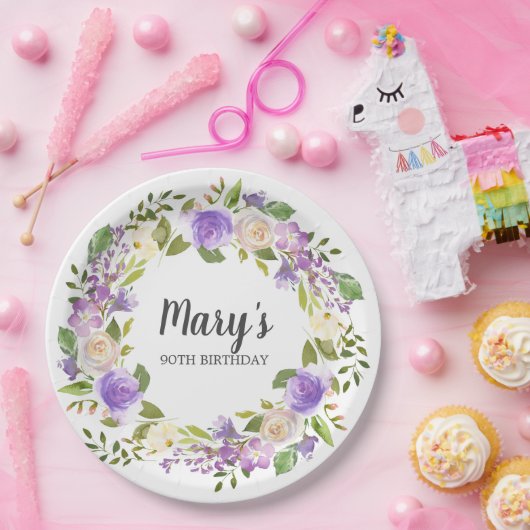 Rustikale Lila Blüte 90. Geburtstag Pappteller (Party)