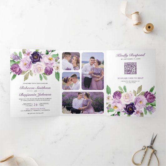 Rustikale Lila Blüten in einem QR-Code Hochzeit Dreifach Gefaltete Einladung (Innenseite)
