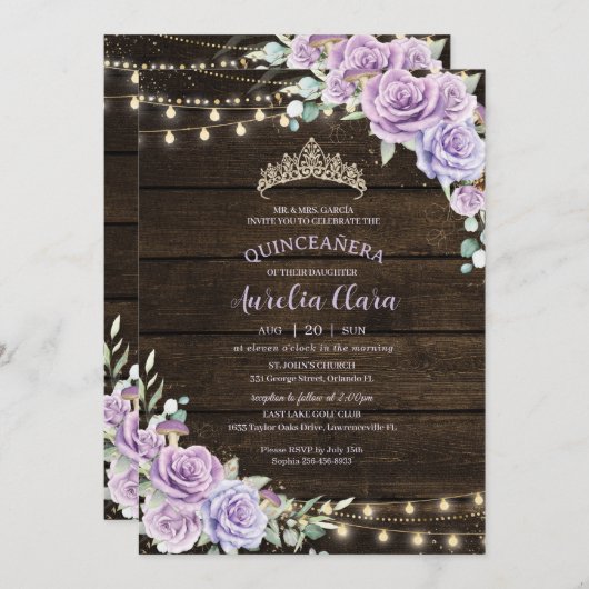 Rustikale Lila Blütenwälder Quinceañera Einladung (Vorne/Hinten)