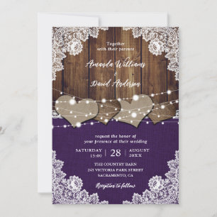 Rustikale Lila Brauerei Burlap Lace Wedding Einladung