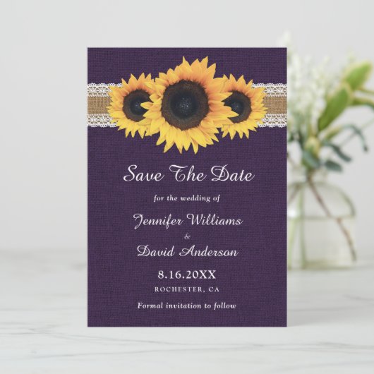 Rustikale Lila Burlap Lace Lights Sonnenblumenhoch Save The Date (Stehend Vorderseite)