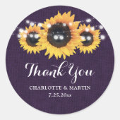 Rustikale Lila Burlap Sonnenblume Gastgeschenk Hoc Runder Aufkleber (Vorderseite)