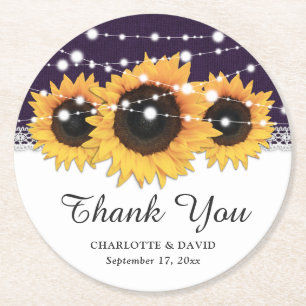Rustikale Lila Burlap Sonnenblumenhochzeit Runder Pappuntersetzer