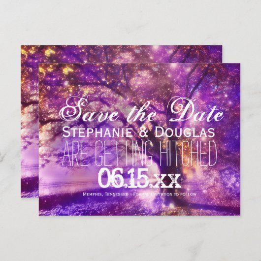 Rustikale Lila Eichenbaum Save the Date Postkarten (Vorne/Hinten)