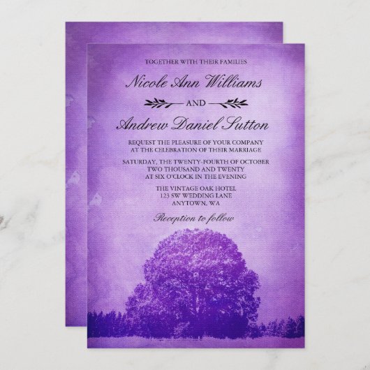 Rustikale Lila Eichenbaumhochzeit Einladung (Vorne/Hinten)