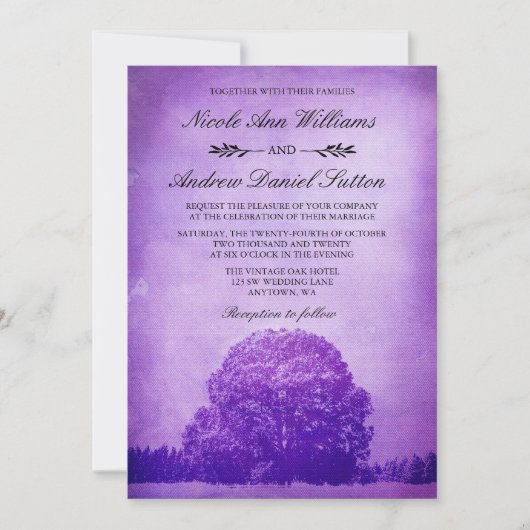 Rustikale lila Eichenhochzeit Einladung (Vorderseite)
