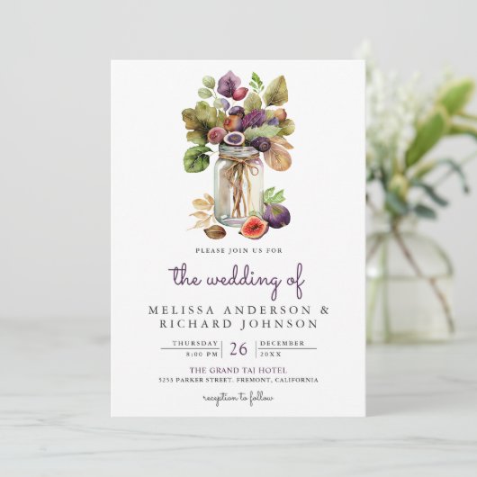 Rustikale Lila Fig Mason Jar Alles in einer Hochze Einladung (Stehend Vorderseite)