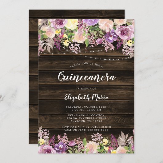 Rustikale Lila Floral String Lights Quinceanera Einladung (Vorne/Hinten)