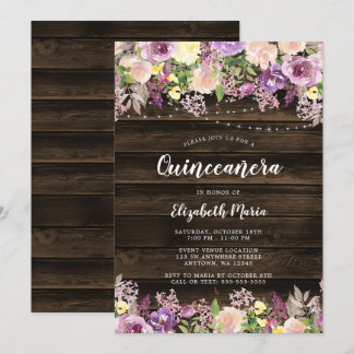 Rustikale Lila Floral String Lights Quinceanera Einladung
