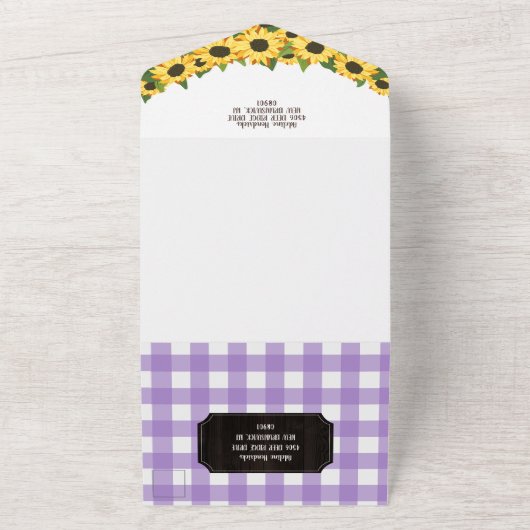 Rustikale Lila Gingham Sunflowers Baby-Q Dusche All In One Einladung (Außenbereich)