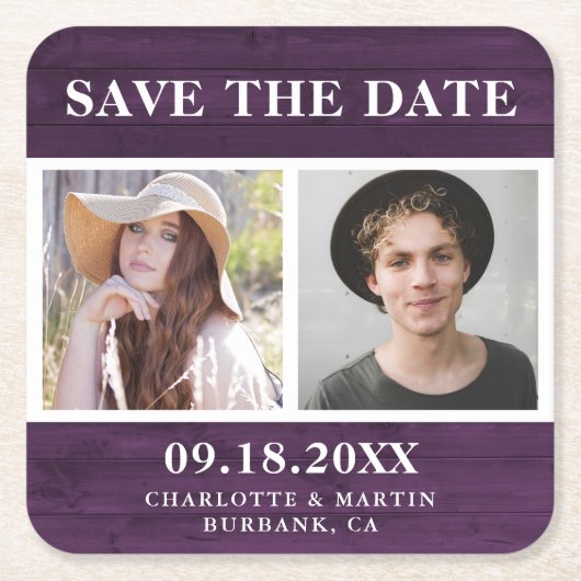Rustikale Lila Hochzeit 2 Foto Save the Date Rechteckiger Pappuntersetzer (Vorderseite)