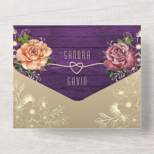 Rustikale Lila Hochzeit All In One Einladung (Rückseite)