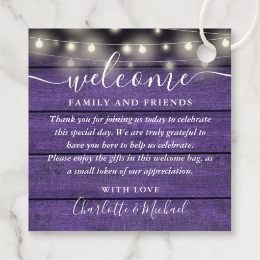 Rustikale Lila Hochzeitsgeschenk-Beutel Geschenkanhänger (Rückseite)