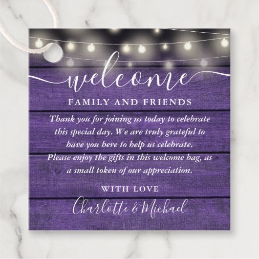 Rustikale Lila Hochzeitsgeschenk-Beutel Geschenkanhänger (Vorderseite)