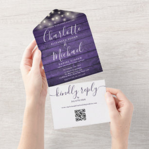 Rustikale lila Holz-Lichterkette QR-Code Hochzeit All In One Einladung