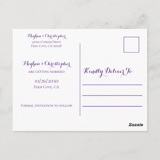 Rustikale Lila Holzblütenhochzeit rettet das Datum Postkarte (Rückseite)