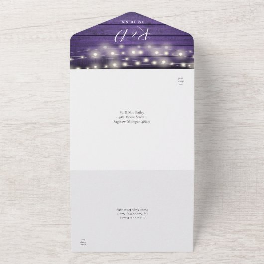 Rustikale Lila Holzsaitenlichter All In One Einladung (Außenbereich)