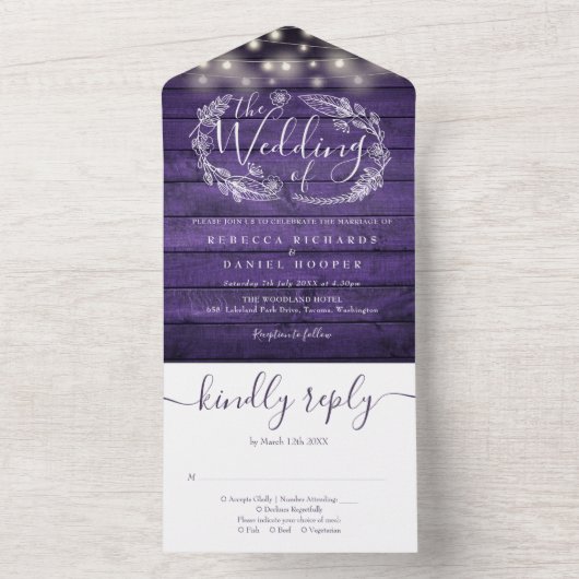 Rustikale Lila Holzsaitenlichter All In One Einladung (Innen Boden)