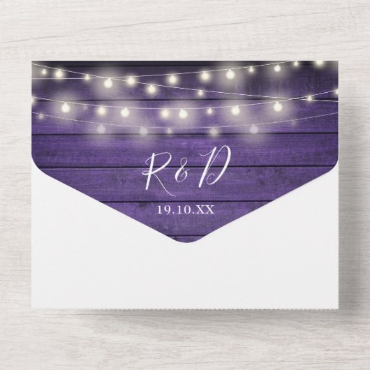 Rustikale Lila Holzsaitenlichter All In One Einladung (Rückseite)