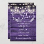 Rustikale Lila Holzsaitenlichter Save The Date (Vorne/Hinten)