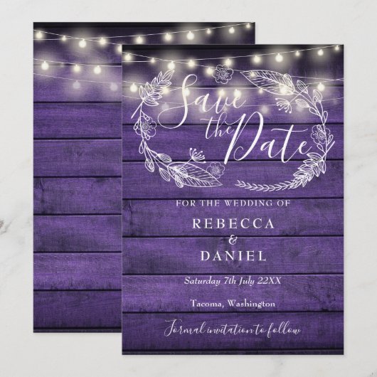 Rustikale Lila Holzsaitenlichter Save The Date (Vorne/Hinten)