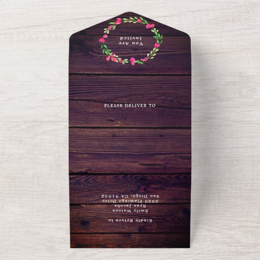 Rustikale Lila Holzstämme Rosa Blumenstrauß UAWG All In One Einladung (Außenbereich)