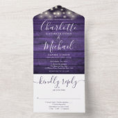 Rustikale Lila Holzstring Lights Monogram Wedding All In One Einladung (Innen Boden)