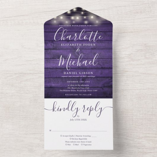 Rustikale Lila Holzstring Lights Monogram Wedding All In One Einladung (Innen Boden)