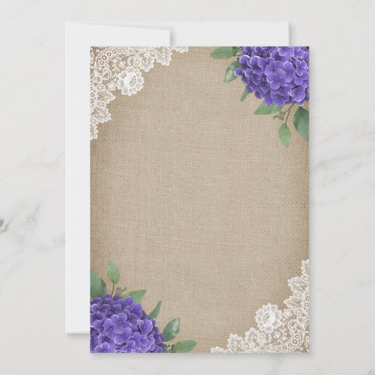 Rustikale Lila Hydrangea Burlap Lace Wedding Einladung (Rückseite)