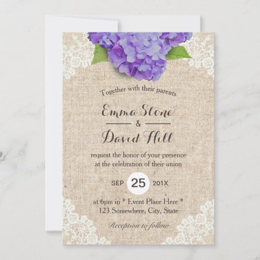 Rustikale Lila Hydrangea-Floral Lace Burlap Weddin Einladung (Vorderseite)