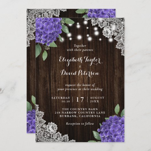 Rustikale Lila Hydrangea Hochzeitseinladungen Einladung (Vorne/Hinten)