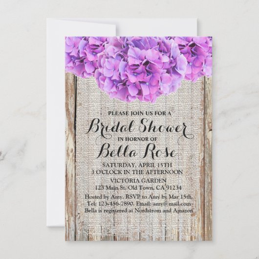 Rustikale lila Hydrangeas Brautparty ph1 Einladung (Vorderseite)