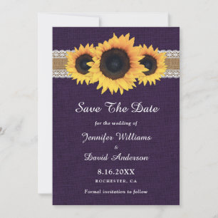 Rustikale lila Jute-Spitzen-Lichter Sonnenblumen-H Save The Date