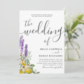 Rustikale Lila Lavendel- und Zitronenhochzeit Einladung (Stehend Vorderseite)