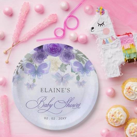 Rustikale Lila Lilac Butterflies Babydusche Pappteller (Party)
