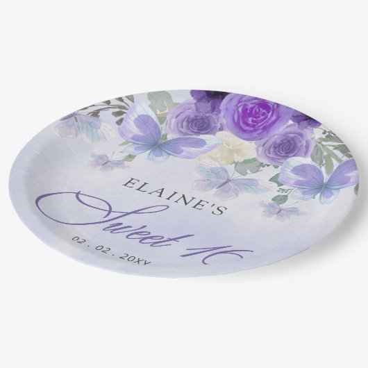 Rustikale Lila Lilac-Schmetterlinge Süß 16 Pappteller (Schrägansicht)