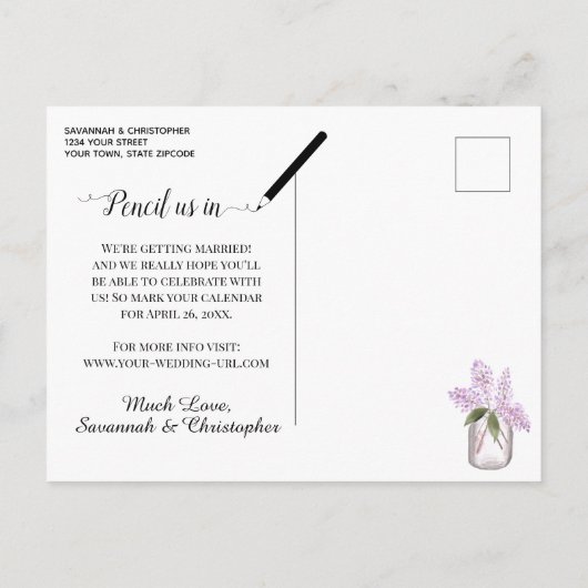 Rustikale Lila Lilacs Wedding Save the Date Einladungspostkarte (Rückseite)