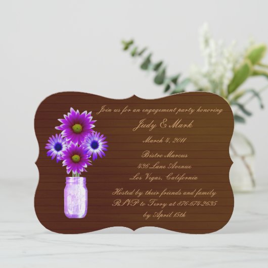 Rustikale Lila Mason Jar Engagement Party einladen Einladung (Stehend Vorderseite)