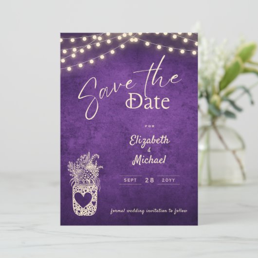 Rustikale Lila Mason Jar Rette Daten Digital Print Einladung (Stehend Vorderseite)