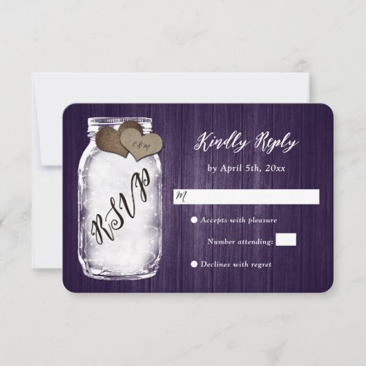 Rustikale Lila Mason Jar Wood Wedding RSVP Card Karte (Vorderseite)