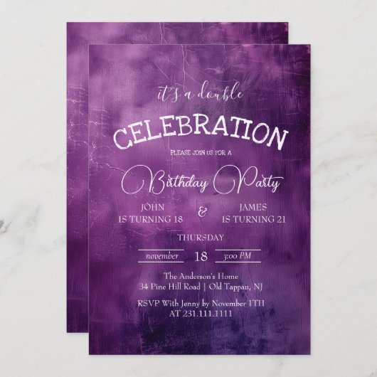 Rustikale Lila Paper Double Birthday Party Einladung (Vorne/Hinten)