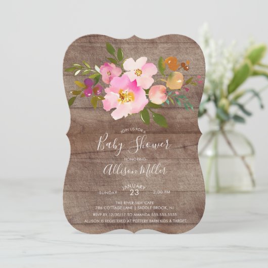 Rustikale Lila rosa Blütendusche Einladung (Stehend Vorderseite)