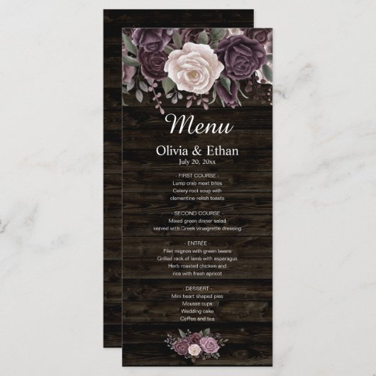 Rustikale Lila Rose Aquarellblume auf Holz Menükarte (Vorne/Hinten)