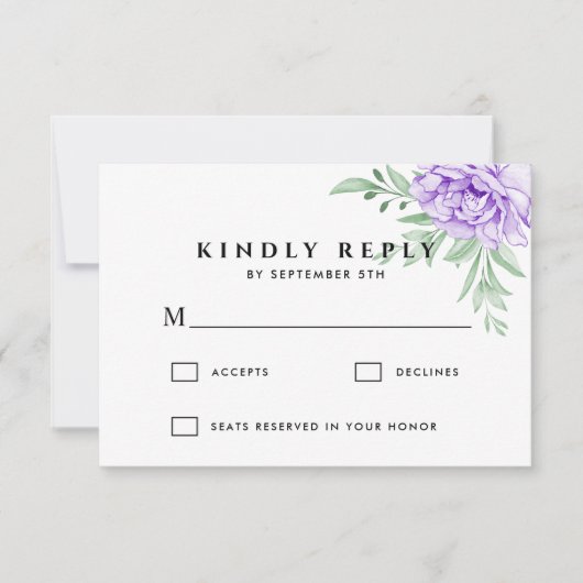 Rustikale Lila Rose Floral Eucalyptus Boho Wedding RSVP Karte (Vorderseite)