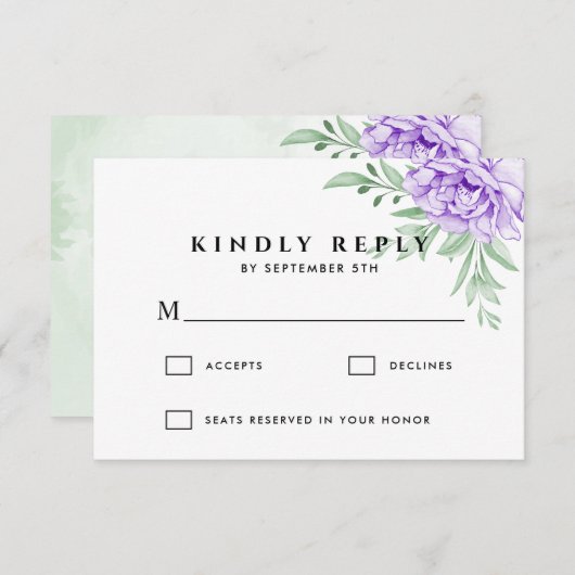 Rustikale Lila Rose Floral Eucalyptus Boho Wedding RSVP Karte (Vorne/Hinten)