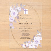 Rustikale Lila Rose Floralische Erste Heilige Komm Acryleinladungen (Vorderseite)