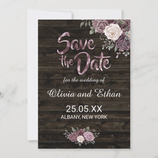 Rustikale Lila Rose mit dunklem Holz Save The Date (Vorderseite)